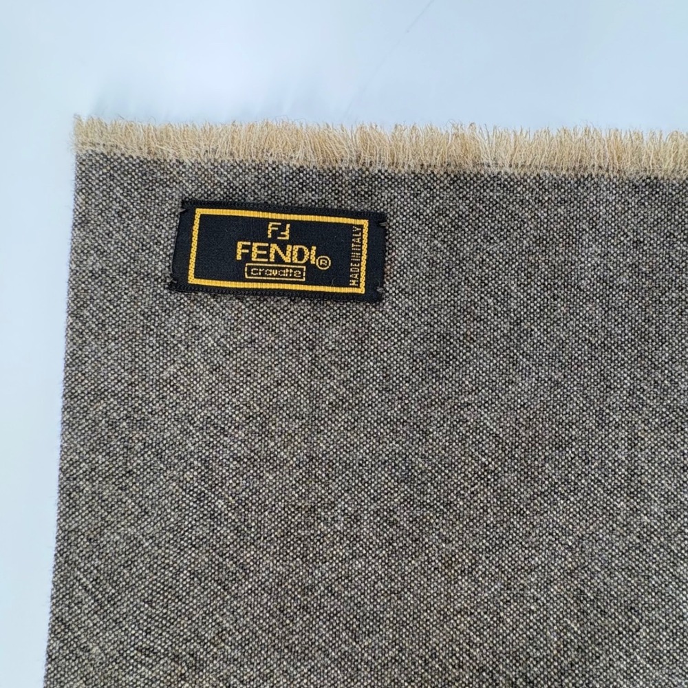Fendi Cravatte Scarf Grey Brown Wool Blend Logo Border Made in Italy Fringe